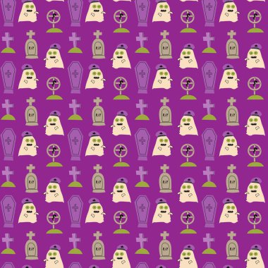 Tatlı karakterli cadılar bayramı şablonu. Cadılar Bayramı kostümlü balkabakları ve hayaletler. Sevimli, çocuksu, kusursuz desen..