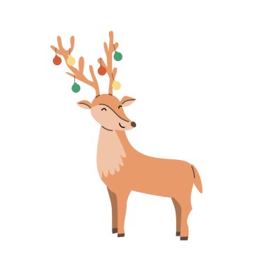 Xmas ren geyiği düz çizgi film çizimi. Ayakta duran ve oturan sevimli hayvan geyiği. Ayrı bir nesne. Dekorasyon için Noel hayvanı, tebrik kartı..