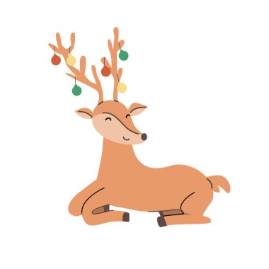 Xmas ren geyiği düz çizgi film çizimi. Ayakta duran ve oturan sevimli hayvan geyiği. Ayrı bir nesne. Dekorasyon için Noel hayvanı, tebrik kartı..