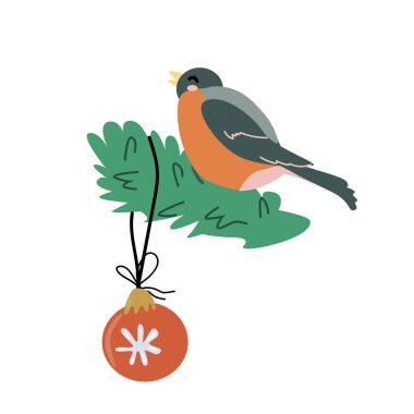 Tatlı Noel Baba Şenliği elementi. Mutlu yıllar ve Noel süslemeleri mücevher ve kuş. Düz dizayn. Xmas dekor vektör çizimi.