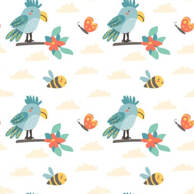 Yavru hayvanlarla çocuk modası. Bitkili şirin safari Afrikalı hayvanlar. Parmak izi. Çocuk odası tasarımı için çocuksu kusursuz desen, çocuklar tekstil, oğlanlar ve kızlar kumaş giyim.