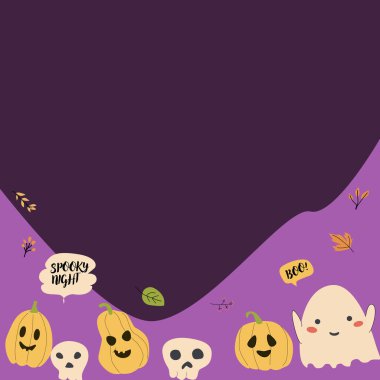 Komik karakterli şirin çocuklar cadılar bayramı arkaplanı. Balkabakları ve hayaletler, kafatasları, dökülen yapraklar, konuşma baloncukları.