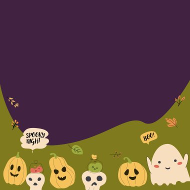 Komik karakterli şirin çocuklar cadılar bayramı arkaplanı. Balkabakları ve hayaletler, kafatasları, dökülen yapraklar, konuşma baloncukları.