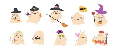 Şirin cadılar bayramı hayaletleri. Şirin, ürkütücü karakterlerin koleksiyonu. Cadılar Bayramı etiketi. Komik yüzlü çocuklar..