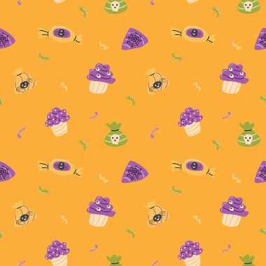 Tatlı karakterli cadılar bayramı şablonu. Balkabağı ya da hayaletler, Cadılar Bayramı kostümlü evcil hayvanlar. Sevimli, çocuksu, kusursuz desen..