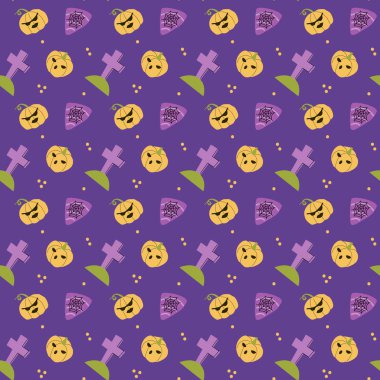 Cadılar Bayramı desenli şirin karakterli çocuklar. Cadılar Bayramı kostümü giymiş hayalet, kafatası ve sihirli saksı. Sevimli, çocuksu, kusursuz desen..