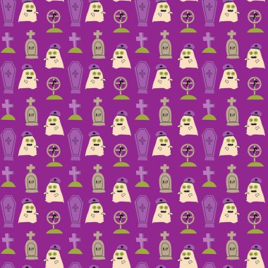 Tatlı karakterli cadılar bayramı şablonu. Cadılar Bayramı kostümlü balkabakları ve hayaletler. Sevimli, çocuksu, kusursuz desen..