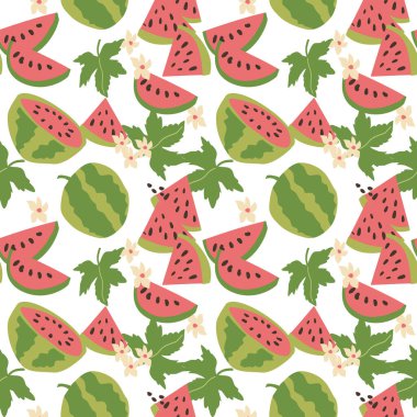 El çizimi soyut karpuz deseni, bitki parçaları ve dilimlenmiş gıda. Tekstil ürünleri, ambalaj kağıtları, posterler için meyveli kusursuz desen. Moda dokuları.