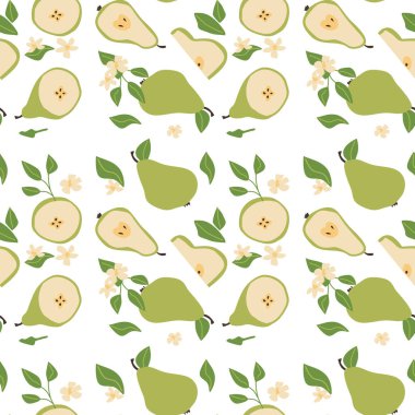 El çizimi soyut parlak armut deseni, bitki parçaları ve dilimlenmiş gıda. Tekstil ürünleri, ambalaj kağıtları, posterler için kusursuz desen. Moda dokuları.