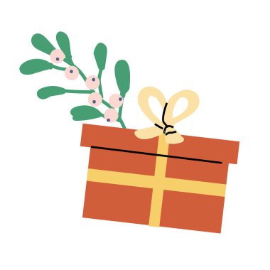 Kurdeleli ve fiyonklu, bayramlık ambalaj kağıdına sarılı şirin Xmas hediye kutusu. Mutlu Noeller konsepti için Noel hediyesi vektör çizimi. İçinde şeker ve ökseotu olan hediye kutusu, zencefilli kurabiye adam..