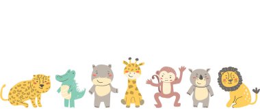 Şirin bebek hayvan safari afişi. Vektör çizimi. Çocukların Afrikalı hayvanları - aslan, maymun, timsah, gergedan, fil, zebra, leopar, zürafa, bebek odası tasarımı, bebek duşu kartları.