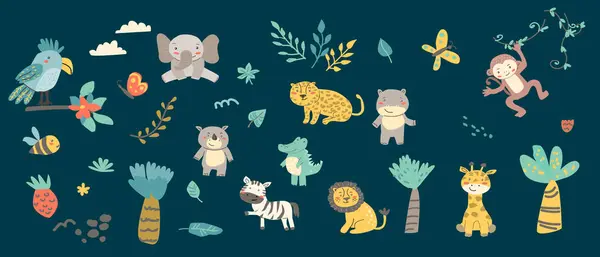 Şirin bebek hayvan safari seti. Vektör çizimi. Çocuk Afrikalı Hayvanlar - aslan, maymun, timsah, gergedan, fil, zebra, leopar, zürafa bebek tasarımı, bebek duşu kartları, afişler