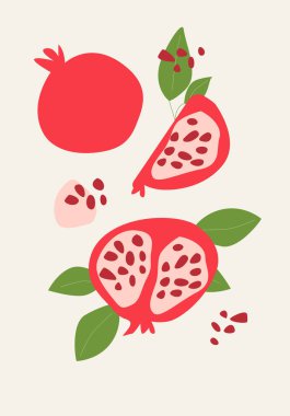 Modern dikey nar posteri, vektör düz çizim. Yaz ya da sonbahar parlak desenli, tropikal meyveli, hasat örtüsü tasarımlı. Etiketler, market reklamları, posterler, baskılar için kapaklar için kullanılabilir.