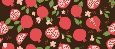 El çizimi, bitki parçaları ve dilimlenmiş yiyeceklerle soyut nar deseni. Tekstil ürünleri, ambalaj kağıtları, posterler için kusursuz desen. Moda dokuları.