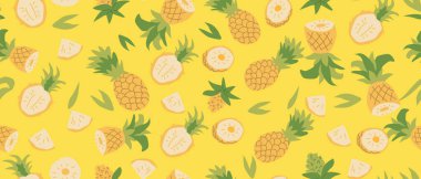 El çizimi yaz aylarında, ananas bitkileriyle ve dilimlenmiş meyve desenleri. Tekstil ürünleri, ambalaj kağıtları, posterler için kusursuz desen. Moda dokuları.