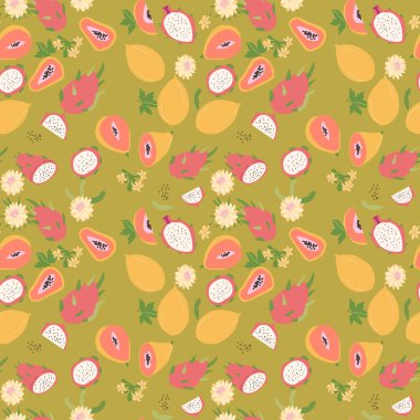 El çizimi soyut papaya meyvesi deseni, bitki parçaları ve dilimlenmiş gıda. Tekstil, ambalaj kağıdı, posterler için papaya desenli kusursuz desen. Moda dokuları.