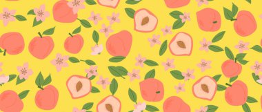 Bitki parçaları ve dilimlenmiş yiyeceklerle el yapımı soyut şeftali deseni. Tekstil ürünleri, ambalaj kağıtları, posterler için kusursuz desen. Moda dokuları.