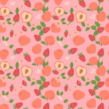 Bitki parçaları ve dilimlenmiş yiyeceklerle el yapımı soyut şeftali deseni. Tekstil ürünleri, ambalaj kağıtları, posterler için kusursuz desen. Moda dokuları.