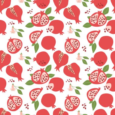 El çizimi, bitki parçaları ve dilimlenmiş yiyeceklerle soyut nar deseni. Tekstil ürünleri, ambalaj kağıtları, posterler için kusursuz desen. Moda dokuları.