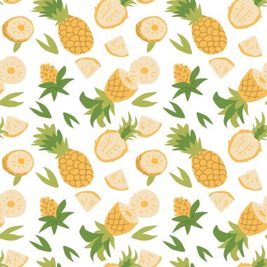 El çizimi yaz aylarında, ananas bitkileriyle ve dilimlenmiş meyve desenleri. Tekstil ürünleri, ambalaj kağıtları, posterler için kusursuz desen. Moda dokuları.