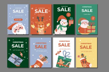 Şenlik unsurları ve xmas karakterleri olan Noel indirimi afişleri. Aralık tatilleri için düz illüstrasyon, kutlama tasarımı.