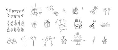 Doğum günü dekoratif elementleri tomarla. Parti eşyaları koleksiyonu. Hediyeler, pastalar, balonlar ve şarap kadehleriyle dekorasyon malzemeleri. Kutlama tasarımı için kullanılabilir.