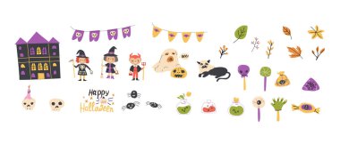 Çocuklar için Cadılar Bayramı partisi ayarlandı. Şirin çocukların toplanması, kostümlü evcil hayvanlar, zehirler. Cadılar Bayramı karakterli çocuklar için ürkütücü parti dekorasyonu..