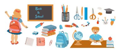 Çocuklar ilkokulun sevimli unsurlarını sağlıyor. Okul çantası, kolye, küre, kalemler ve kitaplar, çıkartmalar için notlar, yapıştırma defteri. Anaokulunda eğitim için temel unsurlar. Okula geri dön..