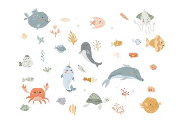 Tatlı çocuklar deniz hayvanları seti. Deniz altı elementleri koleksiyonu. Okyanus sakinleri yunus, yengeç ve diğer sevimli karakterler. Çocuksu, saf elleriyle çizilmiş vahşi su canlıları..
