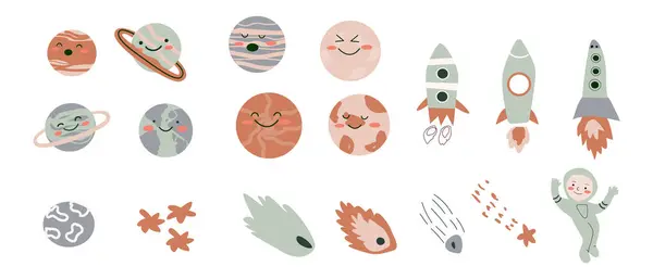 Uzay demeti. Kozmik nesneler ve çocuk astronot. Galaksi elementleri koleksiyonu. Şirin yıldızlar, gezegen etiketleri..