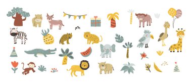 Çocuk hayvanlar seti. Afrika fili, aslan, gergedan, maymun, zebra, leopar, sırtlan ve diğer sevimli tropikal hayvanlar. Bitkileri olan çocuksu karakterlerin toplanması - palmiye ağaçları, çiçekler, meyveler.