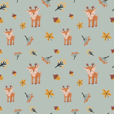 Sonbahar sonbaharı Şükran Günü 'nde yapraklar pürüzsüz olur, balkabağım. Dekorasyon tasarımı. Yapraklar, meşe palamutları, fındıklar. Hayvanlı şirin çocuklar.