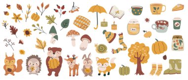 Sonbahar hayvanları yapraklarla, mevsimlik eşyalar ve giysilerle dolup taşar. Çocuklar orman vahşi hayvanları ve kırpma elementleri. Elle çizilmiş büyük sonbahar çıkartmaları.
