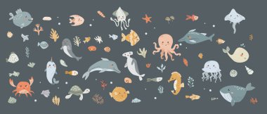 Cute childrens sea animals set. Marine underwater elements collection. Ocean inhabitants set of dolphin, whale and other cute characters. Wild aquatic creatures in childish plants seaweed. clipart