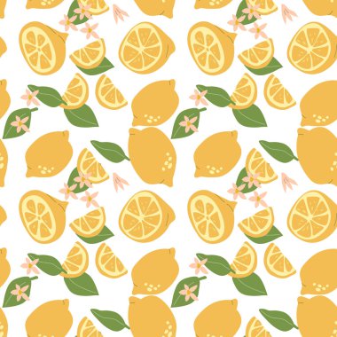 Bitki parçaları ve dilimlenmiş yiyeceklerle el yapımı soyut limon meyvesi deseni. Tekstil, ambalaj kağıdı ve posterler için limonlu kusursuz desen. Turunçgillerin moda dokuları.