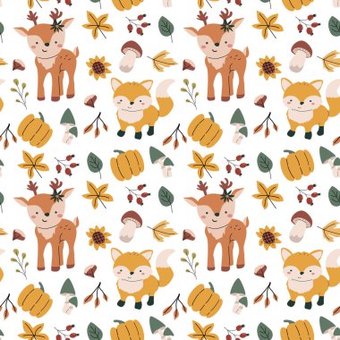 Sonbahar sonbaharı Şükran Günü 'nde yapraklar pürüzsüz olur, balkabağım. Dekorasyon tasarımı. Yapraklar, meşe palamutları, fındıklar. Hayvanlı şirin çocuklar.