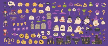 Çocuklar için Cadılar Bayramı partisi ayarlandı. Şirin hayaletler, balkabakları, mezarlar, sonbahar yaprakları, zehirler, şato koleksiyonu. Cadılar Bayramı karakterli çocuklar için ürkütücü parti dekorasyonu..