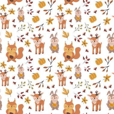 Sonbahar sonbaharı Şükran Günü 'nde yapraklar pürüzsüz olur, balkabağım. Dekorasyon tasarımı. Yapraklar, meşe palamutları, fındıklar. Hayvanlı şirin çocuklar.