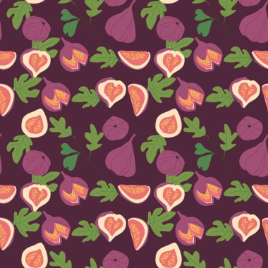 Bitki parçaları ve dilimlenmiş yiyeceklerle el çizimi soyut incir deseni. Tekstil ürünleri, ambalaj kağıtları, posterler için kusursuz desen. İncir ağacının moda dokuları.