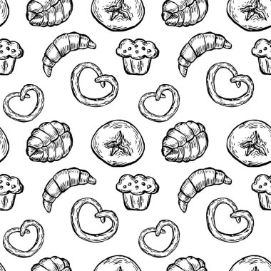 Fırın ekmek deseni eski moda. Eski ekmekçi dükkanının sonsuz geçmişi. Paketleme için kullanıcı, etiketler. Fırın ana hatları deseni.