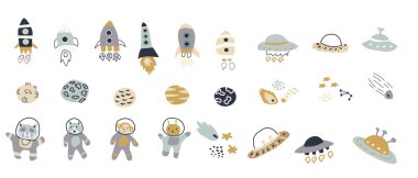 Uzay demeti. Kozmik nesneler ve çocuk hayvan karakterleri. Galaksi elementleri koleksiyonu. Güzel yıldız çıkartmaları seti. Canavarlar ya da uzaylılar büyük koleksiyon.