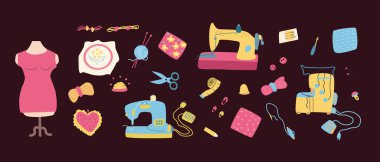 El yapımı dikiş, örgü elementleri. El işi koleksiyonu, terzilik, el işi tomarı. Terzi ekipmanları ve makineler güzelmiş..