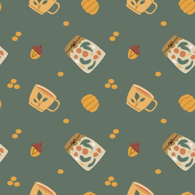 Sonbahar sonbaharı Şükran Günü 'nde tatlı yapraklar, şeyler ve balkabaklarıyla kusursuz bir düzen oluşur. Dekorasyon tasarımı. Yapraklar, palamutlar, fındıklar ile kare arkaplan.