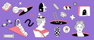 Gerçeküstücülük unsurları, soyut antik Yunan heykelleriyle oluşturulmuştur. Modern heykellerin ve kozmik uzayın vektör el çizimleri, geometri psikedelik şekiller seti. Çıkartma paketi.