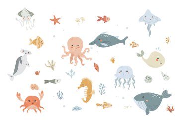 Cute childrens sea animals set. Marine underwater elements collection. Ocean inhabitants set of dolphin, whale and other cute characters. Wild aquatic creatures in childish naive hand drawn style. clipart