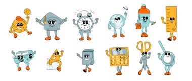 2k okul karakterleri ayarlandı. Komik yüzlü okul malzemelerinin koleksiyonu. Tebeşir tahtası, cetvel ve diğer kırtasiyeler. Eğitim geçmişi için eski okul maskotları. Okul karakterlerine dönüş.