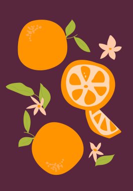 Soyut dikey turuncu poster, vektör düz çizim. Yaz ya da sonbahar parlak desenli tropikal turunç meyveli, modern kapak tasarımlı. Etiketler, market reklamları, posterler, baskılar için kapaklar için kullanılabilir.