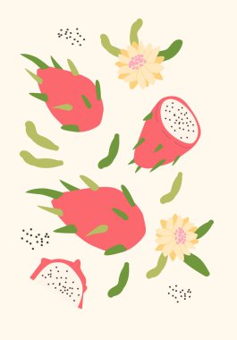 Modern dikey ejderha meyve posteri, vektör düz çizim. Yaz ya da sonbahar parlak desenli, tropikal meyveli, hasat örtüsü tasarımlı. Etiketler, market reklamları, posterler, baskılar için kapaklar için kullanılabilir.