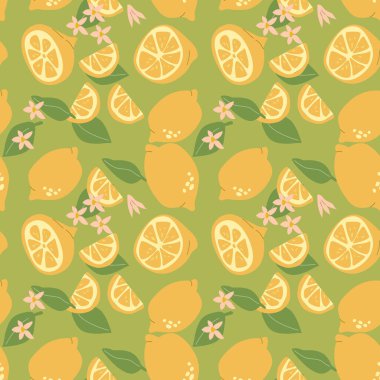 Bitki parçaları ve dilimlenmiş yiyeceklerle el yapımı soyut limon meyvesi deseni. Tekstil, ambalaj kağıdı ve posterler için limonlu kusursuz desen. Turunçgillerin moda dokuları.