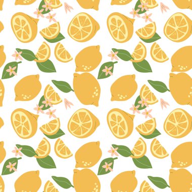 Bitki parçaları ve dilimlenmiş yiyeceklerle el yapımı soyut limon meyvesi deseni. Tekstil, ambalaj kağıdı ve posterler için limonlu kusursuz desen. Turunçgillerin moda dokuları.